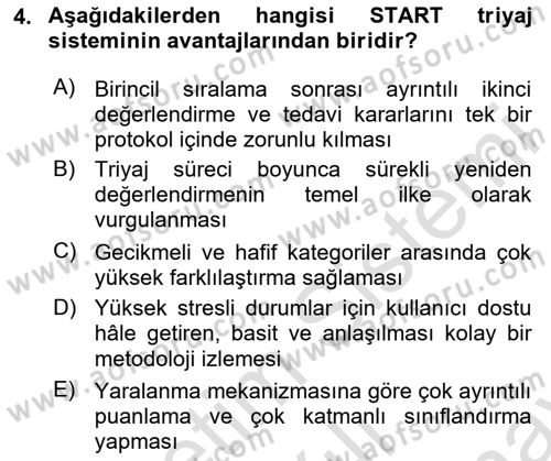 Afet Tıbbı ve Yönetim İlkeleri Dersi 2025 - 2026 Yılı (Final) Dönem Sonu Sınav Soruları 4. Soru