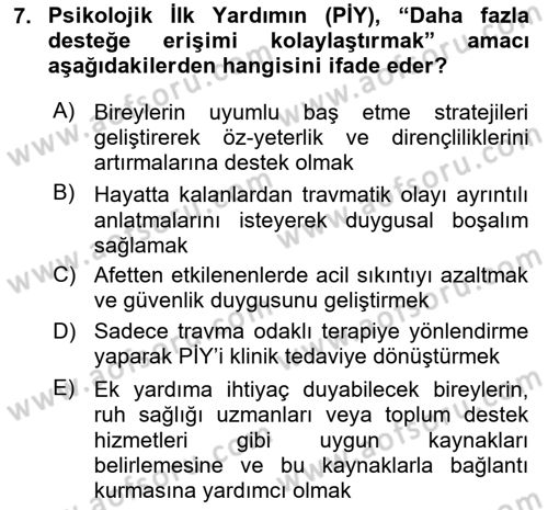 Afet Tıbbı ve Yönetim İlkeleri Dersi 2025 - 2026 Yılı (Final) Dönem Sonu Sınav Soruları 7. Soru