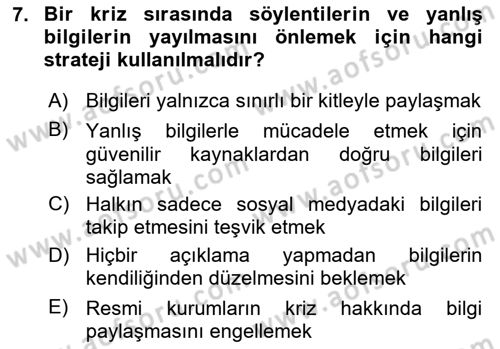Afet Tıbbı ve Yönetim İlkeleri Dersi 2025 - 2026 Yılı Yaz Okulu Sınav Soruları 7. Soru