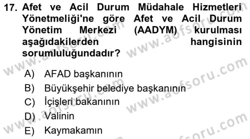 Afet Yönetimi 1 Dersi 2018 - 2019 Yılı Yaz Okulu Sınav Soruları 17. Soru