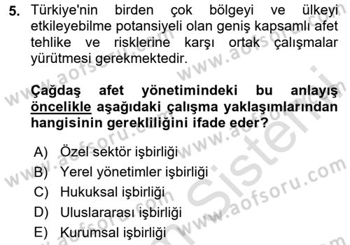 Afet Yönetimi 1 Dersi 2020 - 2021 Yılı Yaz Okulu Sınav Soruları 5. Soru