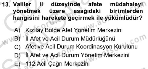 Afet Yönetimi 1 Dersi 2021 - 2022 Yılı (Final) Dönem Sonu Sınavı 13. Soru