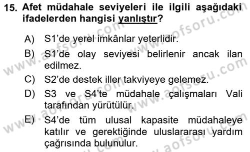 Afet Yönetimi 1 Dersi 2021 - 2022 Yılı (Final) Dönem Sonu Sınavı 15. Soru