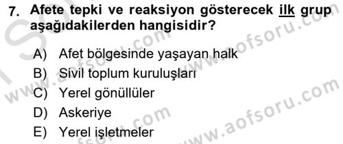 Afet Yönetimi 1 Dersi 2021 - 2022 Yılı (Final) Dönem Sonu Sınavı 7. Soru