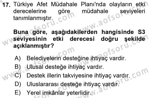 Afet Yönetimi 1 Dersi 2021 - 2022 Yılı Yaz Okulu Sınavı 17. Soru