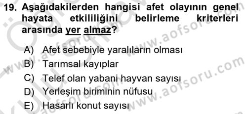 Afet Yönetimi 1 Dersi 2021 - 2022 Yılı Yaz Okulu Sınavı 19. Soru