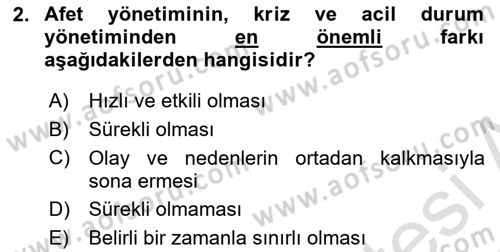 Afet Yönetimi 1 Dersi 2021 - 2022 Yılı Yaz Okulu Sınavı 2. Soru