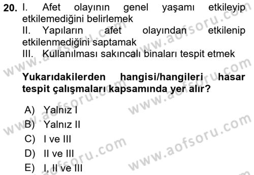 Afet Yönetimi 1 Dersi 2021 - 2022 Yılı Yaz Okulu Sınavı 20. Soru