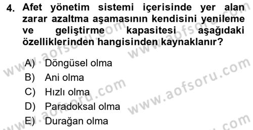 Afet Yönetimi 1 Dersi 2021 - 2022 Yılı Yaz Okulu Sınavı 4. Soru