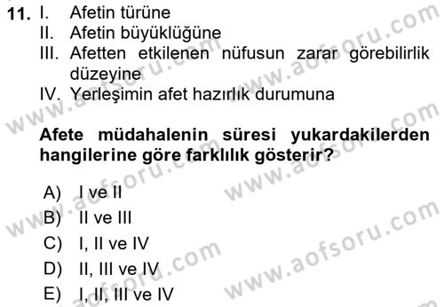 Afet Yönetimi 1 Dersi 2023 - 2024 Yılı Yaz Okulu Sınavı 11. Soru