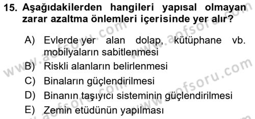 Afet Yönetimi 1 Dersi 2024 - 2025 Yılı (Vize) Ara Sınav Soruları 15. Soru