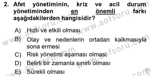 Afet Yönetimi 1 Dersi 2024 - 2025 Yılı (Vize) Ara Sınav Soruları 2. Soru