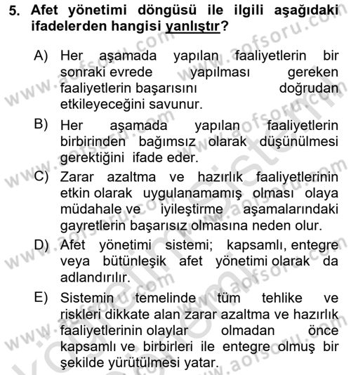 Afet Yönetimi 1 Dersi 2024 - 2025 Yılı (Vize) Ara Sınav Soruları 5. Soru