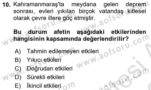 Afet Yönetimi 1 Dersi 2025 - 2026 Yılı (Vize) Ara Sınav Soruları 10. Soru
