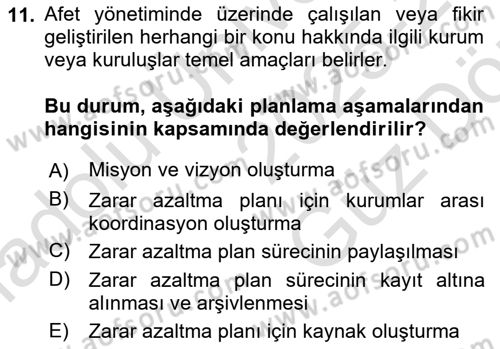 Afet Yönetimi 1 Dersi 2025 - 2026 Yılı (Vize) Ara Sınav Soruları 11. Soru
