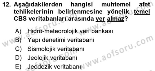 Afet Yönetimi 1 Dersi 2025 - 2026 Yılı (Vize) Ara Sınav Soruları 12. Soru