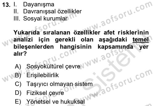 Afet Yönetimi 1 Dersi 2025 - 2026 Yılı (Vize) Ara Sınav Soruları 13. Soru