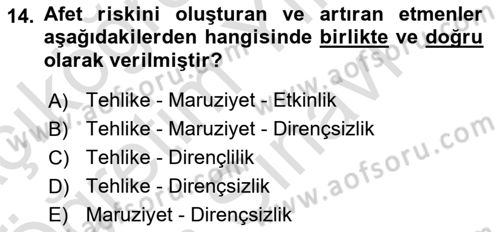 Afet Yönetimi 1 Dersi 2025 - 2026 Yılı (Vize) Ara Sınav Soruları 14. Soru