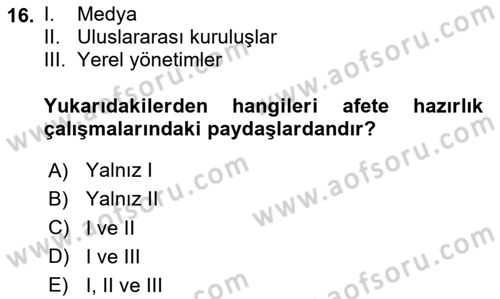 Afet Yönetimi 1 Dersi 2025 - 2026 Yılı (Vize) Ara Sınav Soruları 16. Soru