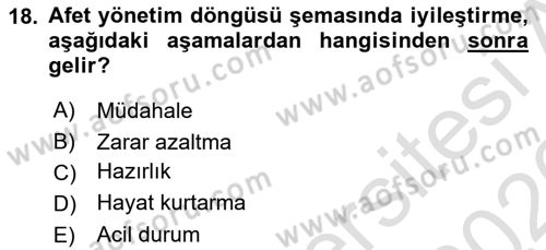 Afet Yönetimi 1 Dersi 2025 - 2026 Yılı (Vize) Ara Sınav Soruları 18. Soru