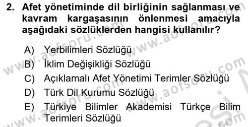 Afet Yönetimi 1 Dersi 2025 - 2026 Yılı (Vize) Ara Sınav Soruları 2. Soru