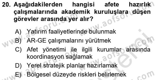 Afet Yönetimi 1 Dersi 2025 - 2026 Yılı (Vize) Ara Sınav Soruları 20. Soru