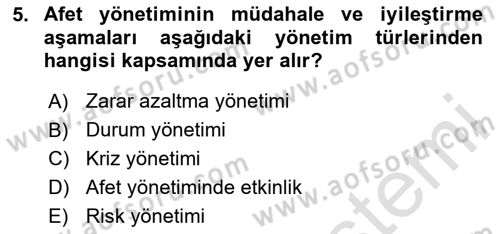 Afet Yönetimi 1 Dersi 2025 - 2026 Yılı (Vize) Ara Sınav Soruları 5. Soru