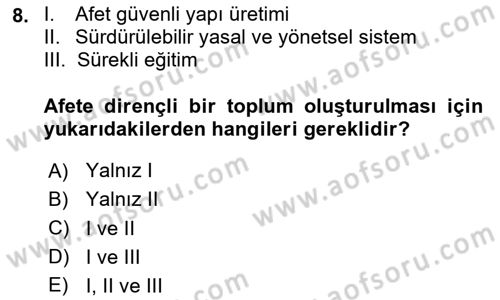 Afet Yönetimi 1 Dersi 2025 - 2026 Yılı (Vize) Ara Sınav Soruları 8. Soru