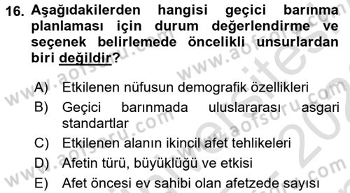 Afet Yönetimi 1 Dersi 2025 - 2026 Yılı (Final) Dönem Sonu Sınav Soruları 16. Soru
