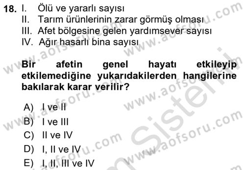 Afet Yönetimi 1 Dersi 2025 - 2026 Yılı (Final) Dönem Sonu Sınav Soruları 18. Soru