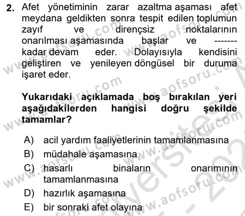 Afet Yönetimi 1 Dersi 2025 - 2026 Yılı (Final) Dönem Sonu Sınav Soruları 2. Soru
