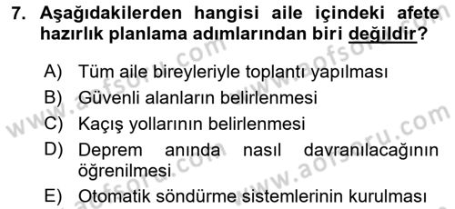 Afet Yönetimi 1 Dersi 2025 - 2026 Yılı (Final) Dönem Sonu Sınav Soruları 7. Soru