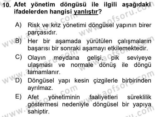 Afet Yönetimi 1 Dersi 2025 - 2026 Yılı Yaz Okulu Sınav Soruları 10. Soru