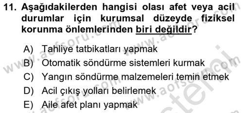 Afet Yönetimi 1 Dersi 2025 - 2026 Yılı Yaz Okulu Sınav Soruları 11. Soru