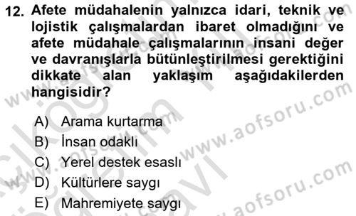 Afet Yönetimi 1 Dersi 2025 - 2026 Yılı Yaz Okulu Sınav Soruları 12. Soru