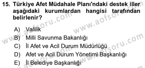 Afet Yönetimi 1 Dersi 2025 - 2026 Yılı Yaz Okulu Sınav Soruları 15. Soru