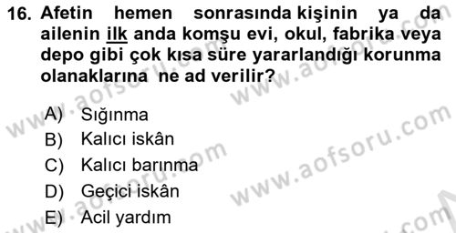 Afet Yönetimi 1 Dersi 2025 - 2026 Yılı Yaz Okulu Sınav Soruları 16. Soru