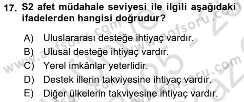 Afet Yönetimi 1 Dersi 2025 - 2026 Yılı Yaz Okulu Sınav Soruları 17. Soru