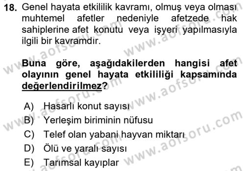 Afet Yönetimi 1 Dersi 2025 - 2026 Yılı Yaz Okulu Sınav Soruları 18. Soru