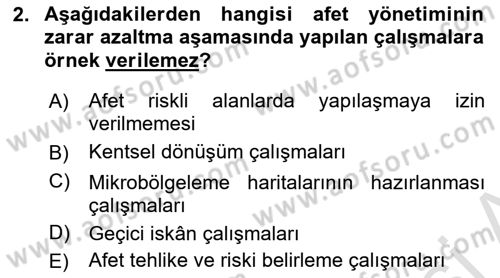 Afet Yönetimi 1 Dersi 2025 - 2026 Yılı Yaz Okulu Sınav Soruları 2. Soru