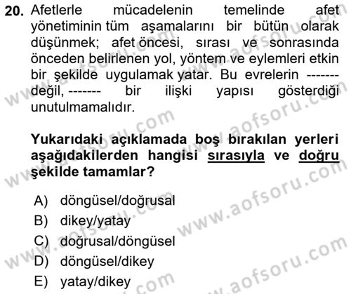 Afet Yönetimi 1 Dersi 2025 - 2026 Yılı Yaz Okulu Sınav Soruları 20. Soru
