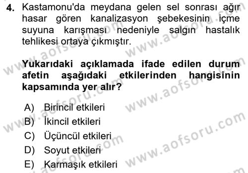 Afet Yönetimi 1 Dersi 2025 - 2026 Yılı Yaz Okulu Sınav Soruları 4. Soru