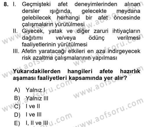 Afet Yönetimi 1 Dersi 2025 - 2026 Yılı Yaz Okulu Sınav Soruları 8. Soru