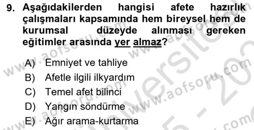 Afet Yönetimi 1 Dersi 2025 - 2026 Yılı Yaz Okulu Sınav Soruları 9. Soru