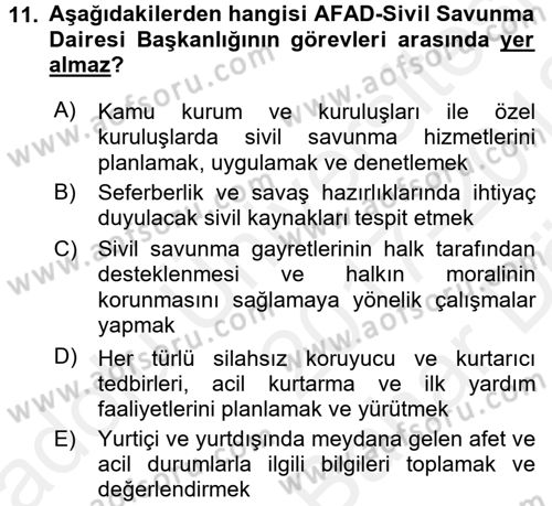 Afet Yönetimi 2 Dersi 2017 - 2018 Yılı (Vize) Ara Sınav Soruları 11. Soru