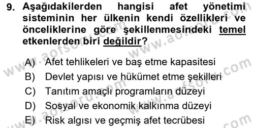 Afet Yönetimi 2 Dersi 2017 - 2018 Yılı (Vize) Ara Sınav Soruları 9. Soru