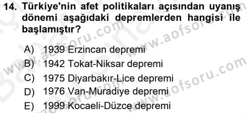 Afet Yönetimi 2 Dersi 2017 - 2018 Yılı (Final) Dönem Sonu Sınav Soruları 14. Soru