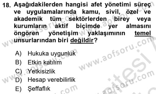 Afet Yönetimi 2 Dersi 2018 - 2019 Yılı 3 Ders Sınav Soruları 18. Soru