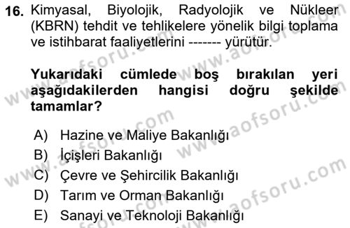 Afet Yönetimi 2 Dersi 2018 - 2019 Yılı (Vize) Ara Sınav Soruları 16. Soru