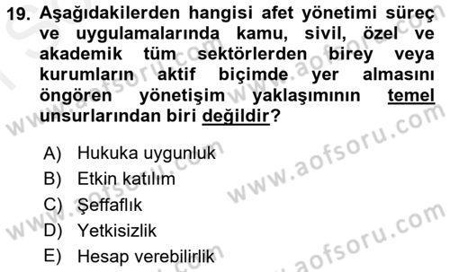Afet Yönetimi 2 Dersi 2018 - 2019 Yılı (Final) Dönem Sonu Sınav Soruları 19. Soru